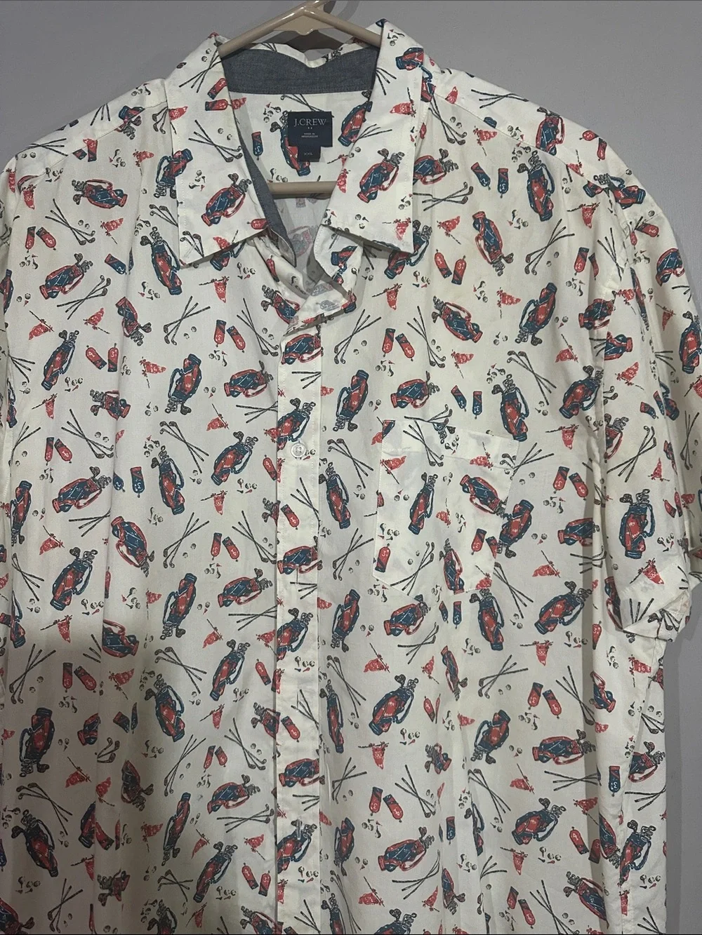 J. Crew White Short-Sleeve Button-Down with Red & Blue Novelty Print